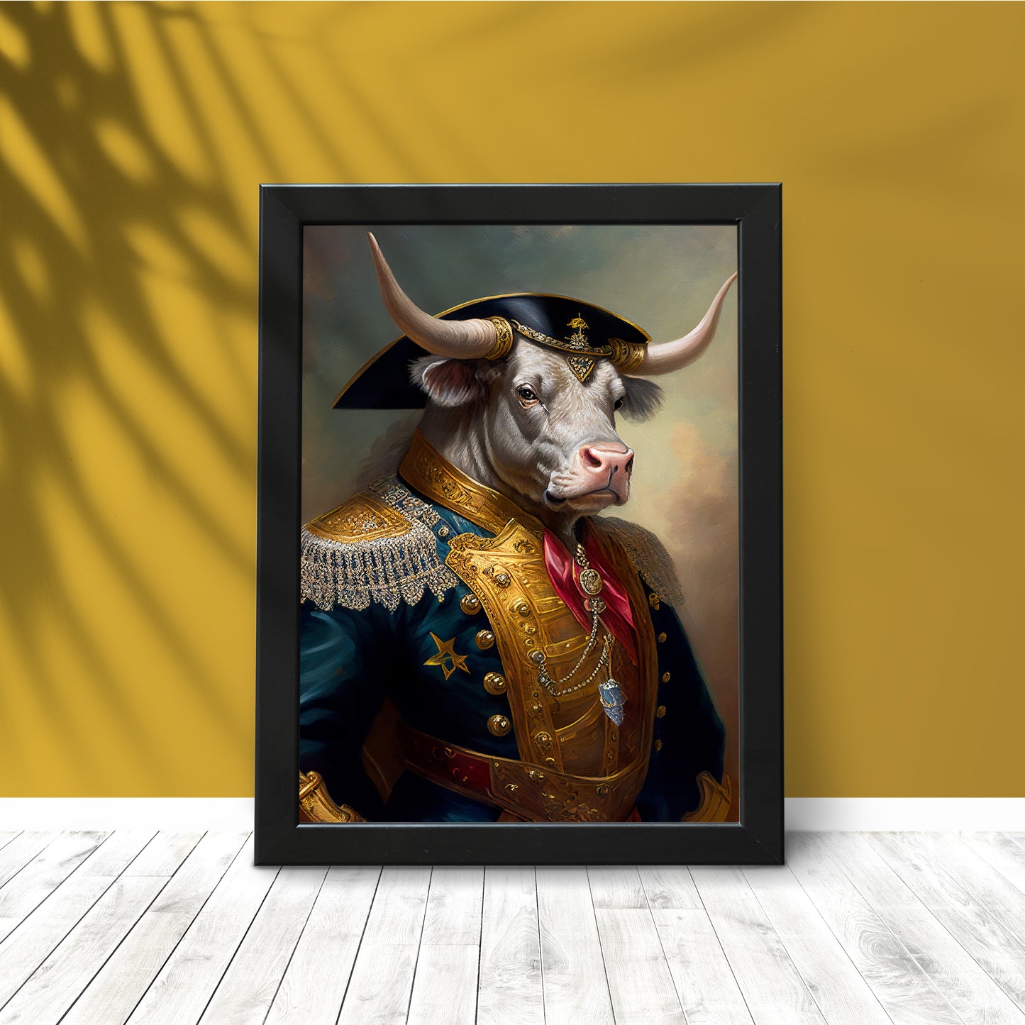 Bull Poster in Military Uniform | Animal Wall Art Decoration | Unique Bull Portrait Poster