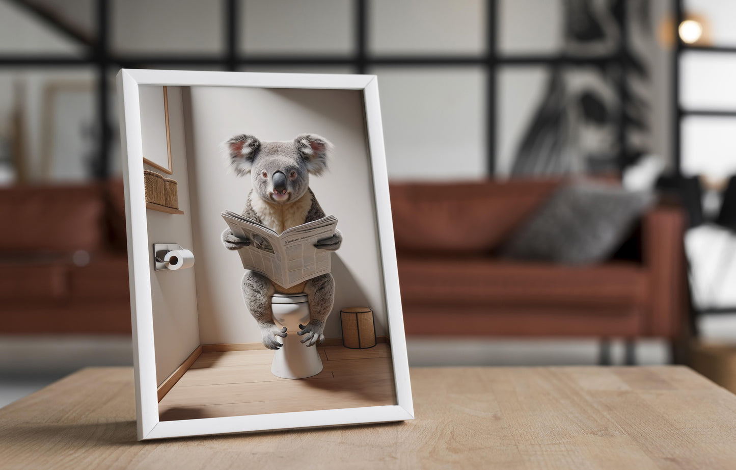 Funny Koala Reading Newspaper on Toilet Poster - Quirky Bathroom Wall Art Décor - Unique Gag Gift