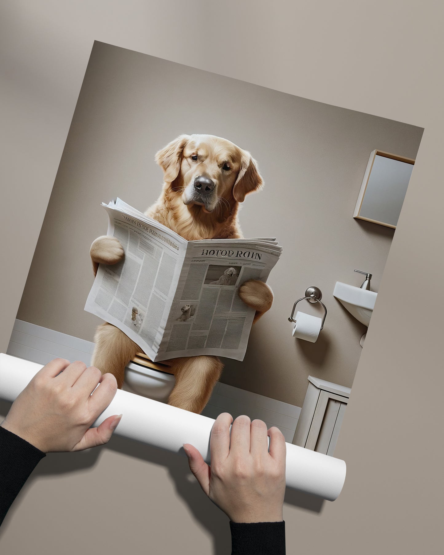 Poster Golden Retriever lisant le journal, Déco Humour pour WC, Cadre Salle de bain, Cadeau Original et Amusant