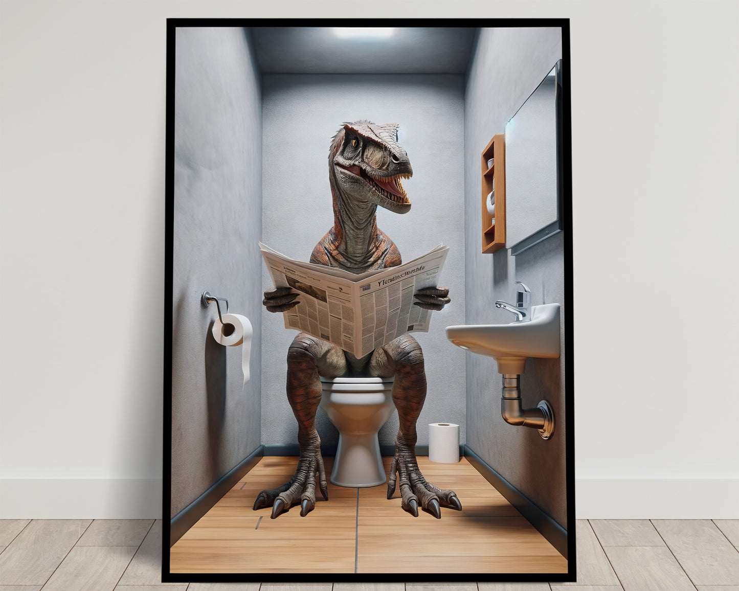 Velociraptor Reading Newspaper Toilet Poster – Funny Bathroom Wall Art Décor, Unique Gag Gift