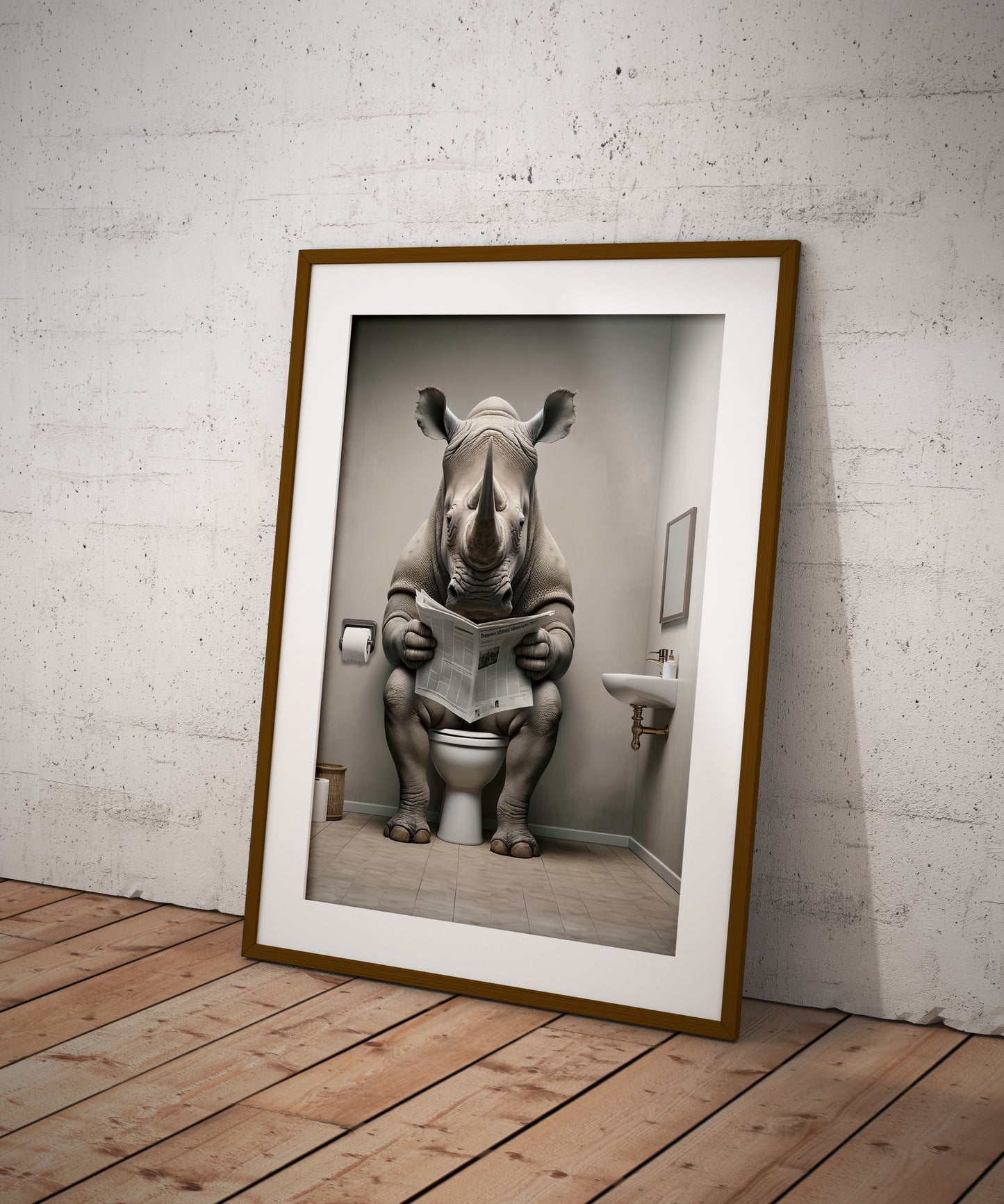 Rhino Reading Newspaper Toilet Poster - Humorous Bathroom Wall Art, Unique WC Decor, Funny Gift Idea