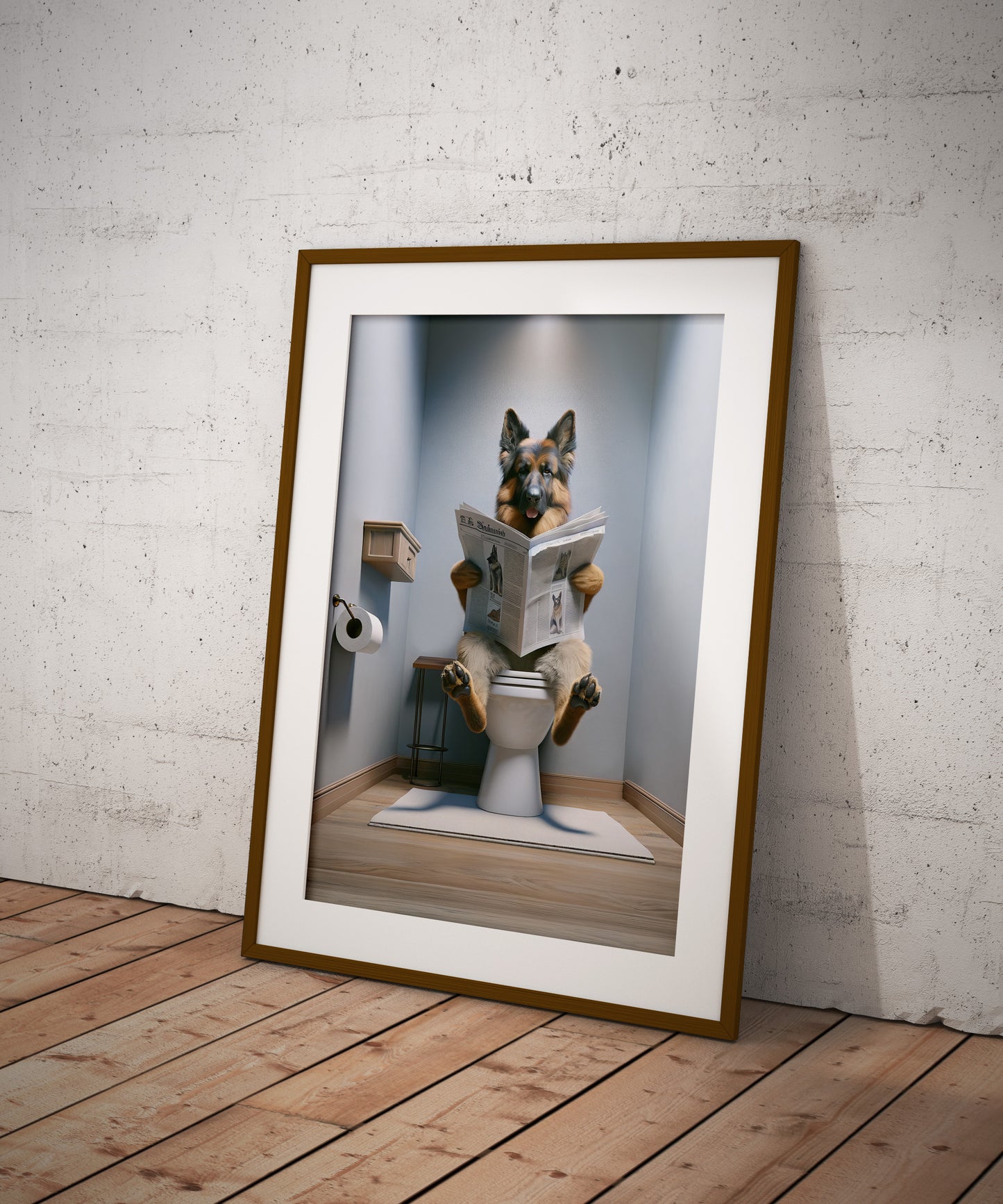 German Shepherd Reading Newspaper Bathroom Poster – Fun Bathroom Decor Wall Art – Gag Gift Toilet WC Poster