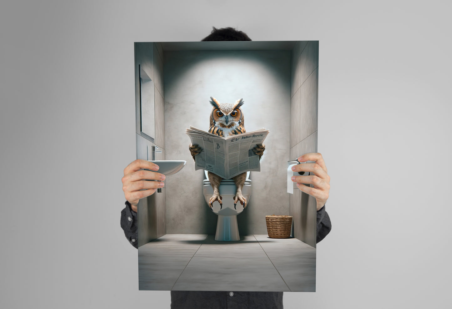 Owl Reading Newspaper on Toilet Poster - Funny Bathroom Wall Art - Unique WC Decor - Perfect Gag Gift