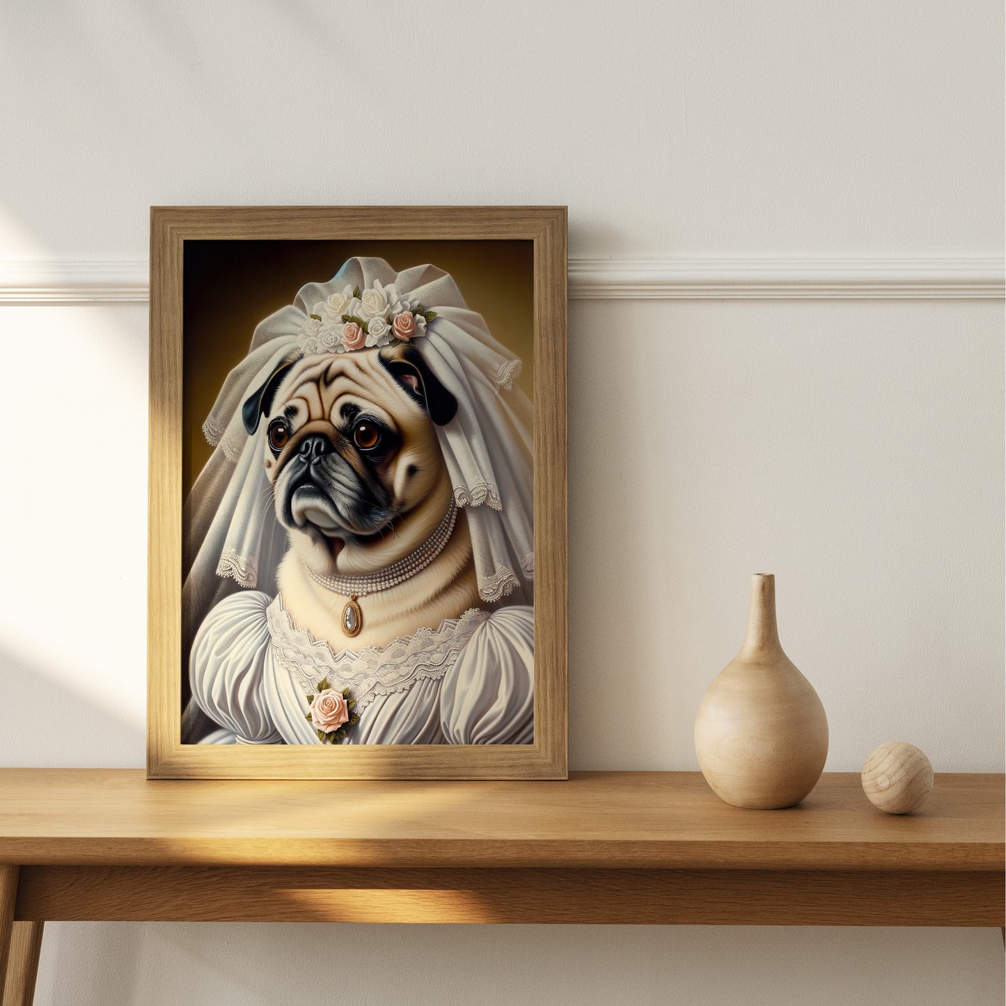 Affiche humoristique : Poster Chien Mariage, Décoration Murale Carlin en Robe de Mariée, Cadre Animaux