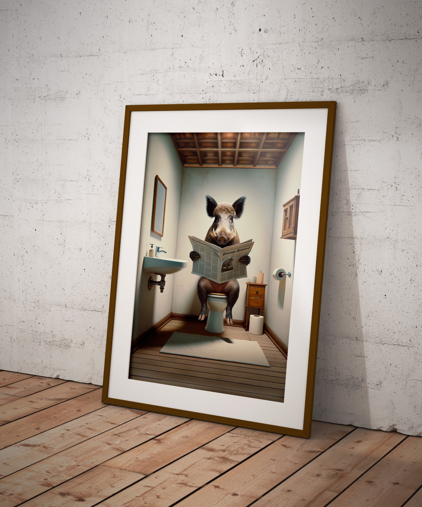 Quirky Boar Reading Newspaper Bathroom Wall Art - Funny WC Toilet Poster & Unique Gag Gift Decor