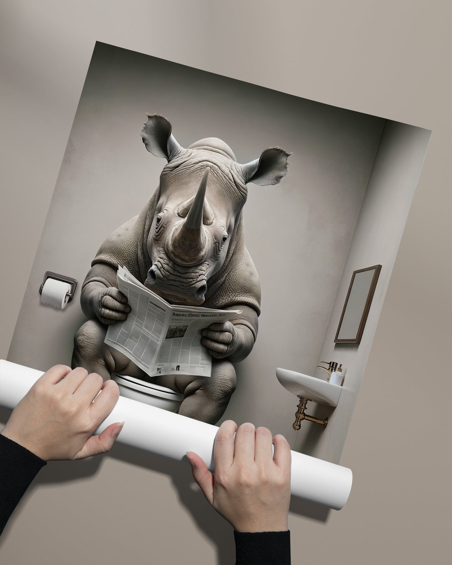 Rhino Reading Newspaper Toilet Poster - Humorous Bathroom Wall Art, Unique WC Decor, Funny Gift Idea