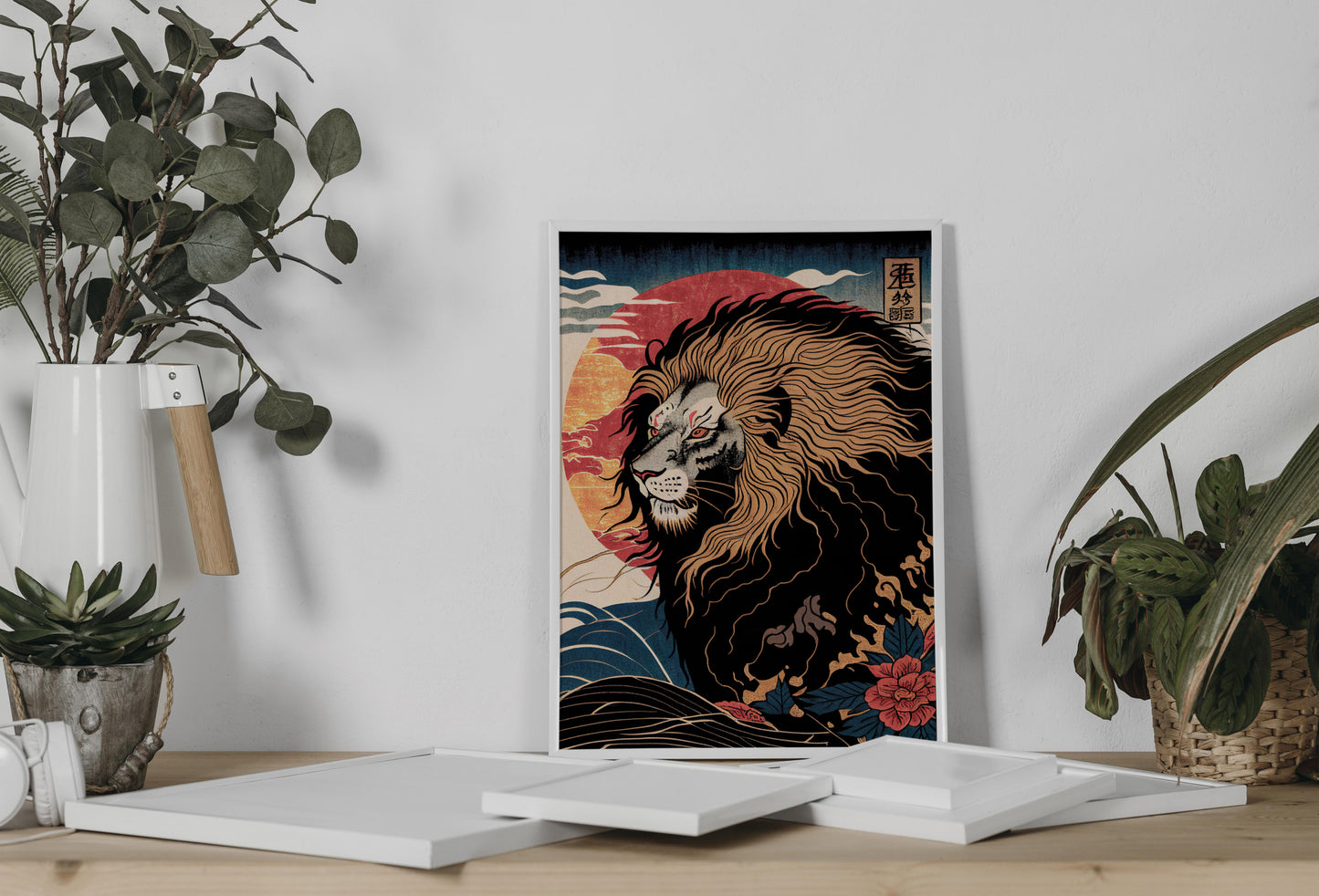 Poster Lion, Illustration art japonais, Impression Ukiyo-e, Affiche murale décorative Lion, Art mural Japonais