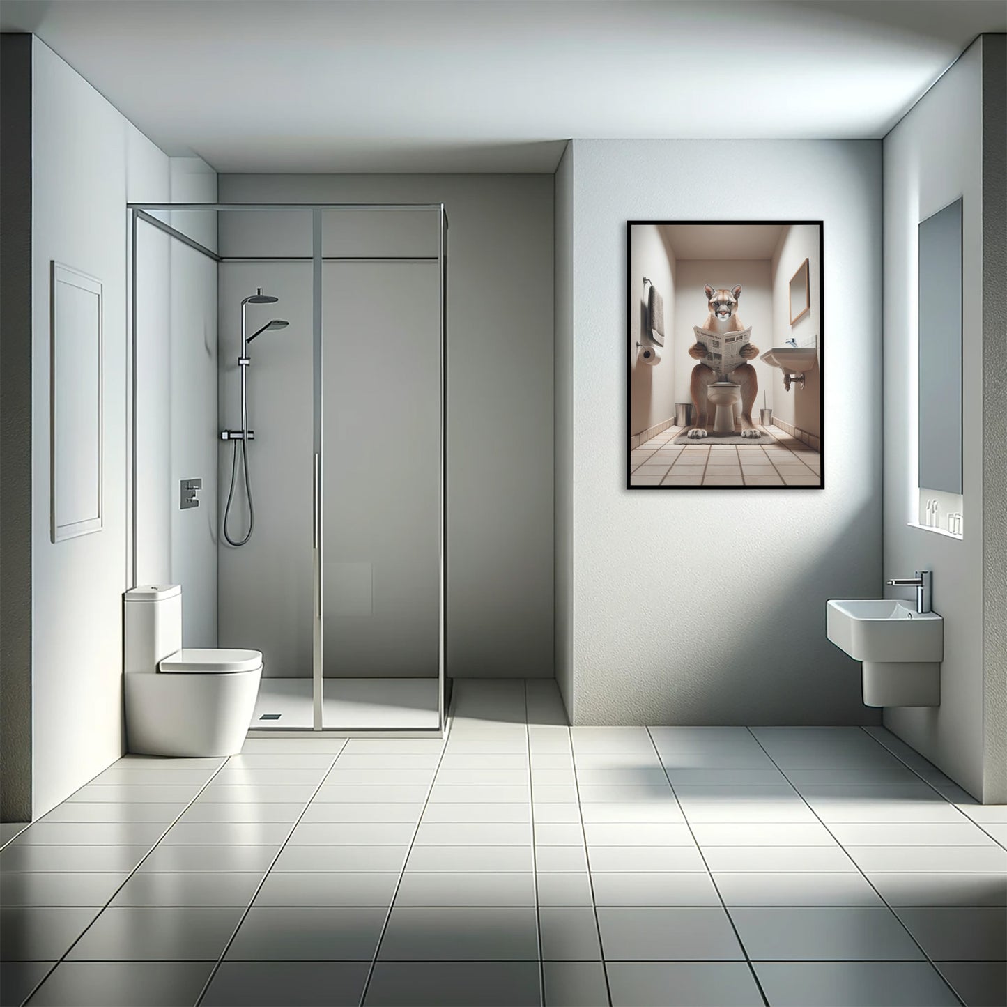 Poster Humour : Puma Lisant un Journal aux Toilettes, Décoration WC Originale, Cadre Fun Salle de Bain, Idée Cadeau Amusante