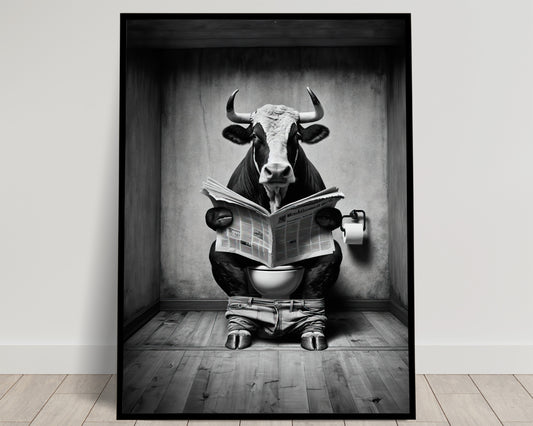 Funny Bull Reading Poster - Black and White Bathroom Wall Art - Fun Decor for Bathroom - Perfect Funny Gift