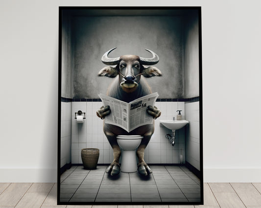 Buffalo Reading Newspaper Poster – Humorous Bathroom Wall Art – Unique Fun Gift – WC Toilet Decor