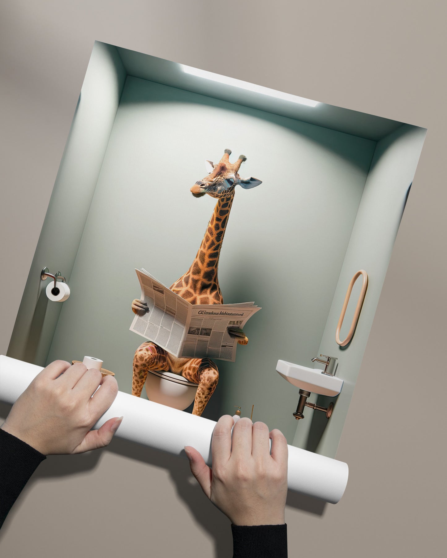 Poster Girafe Lisant Journal aux Toilettes, Décoration Humour Salle de Bain, Cadre Murale Drôle, Idée Cadeau Amusante