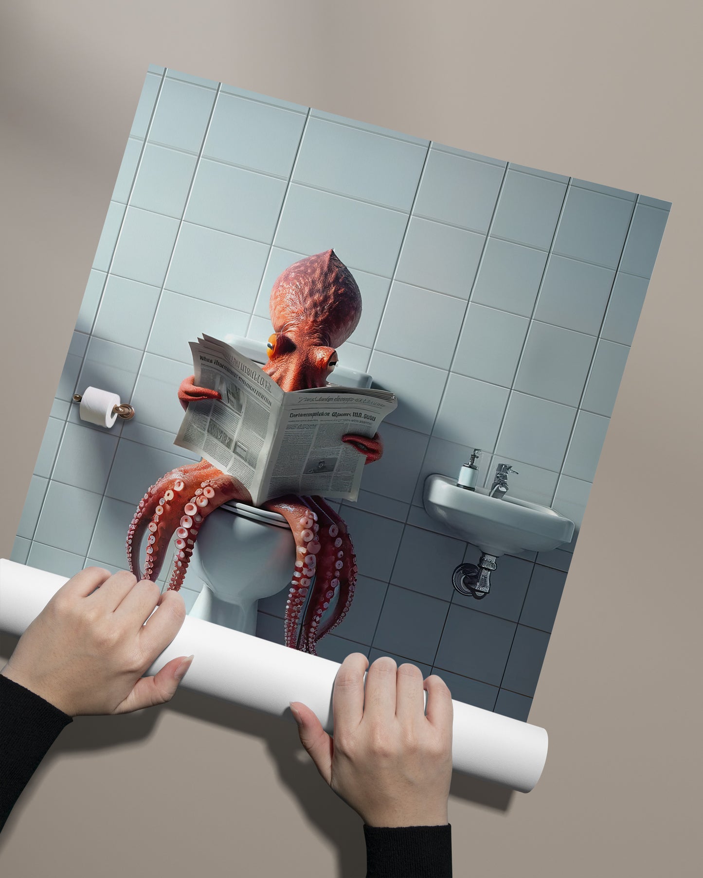 Funny Bathroom Wall Art – Octopus Reading Newspaper Toilet Poster | Unique WC Decoration & Humorous Gift