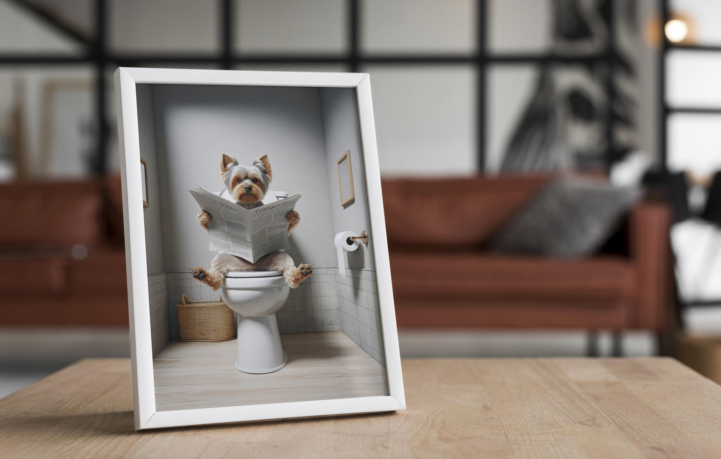 Funny Yorkshire Terrier Toilet Poster - Unique Bathroom Wall Art - WC Décor - Humorous Gift Idea - Reading Newspaper