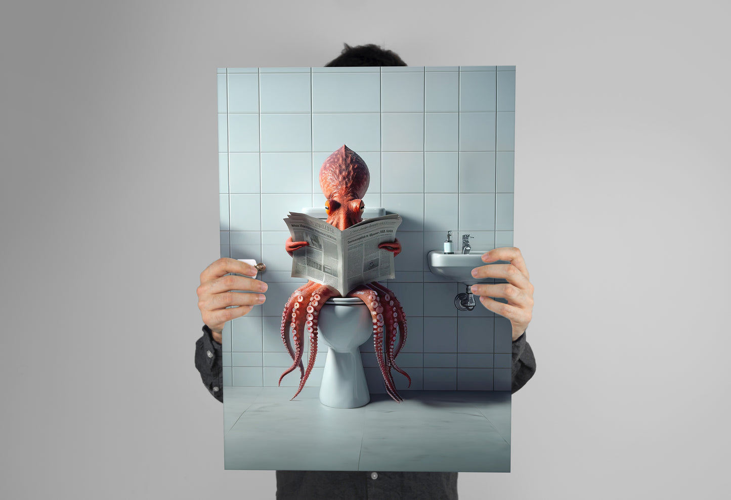 Funny Bathroom Wall Art – Octopus Reading Newspaper Toilet Poster | Unique WC Decoration & Humorous Gift