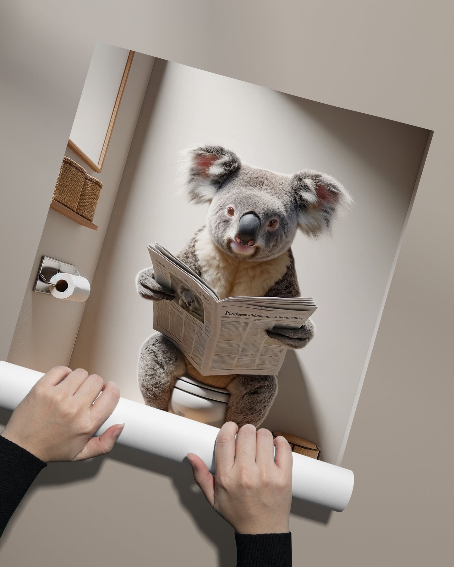 Funny Koala Reading Newspaper on Toilet Poster - Quirky Bathroom Wall Art Décor - Unique Gag Gift