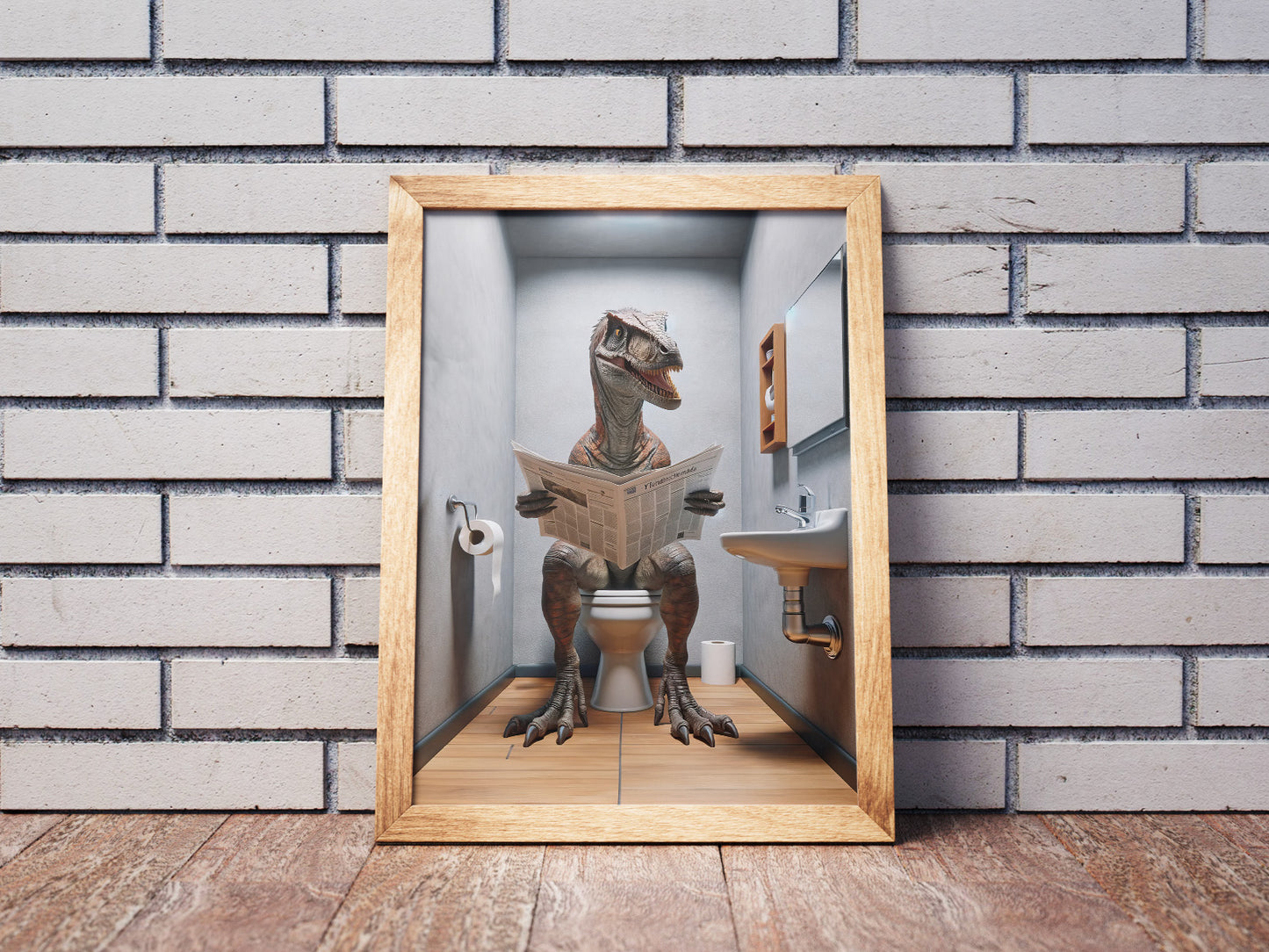 Velociraptor Reading Newspaper Toilet Poster – Funny Bathroom Wall Art Décor, Unique Gag Gift