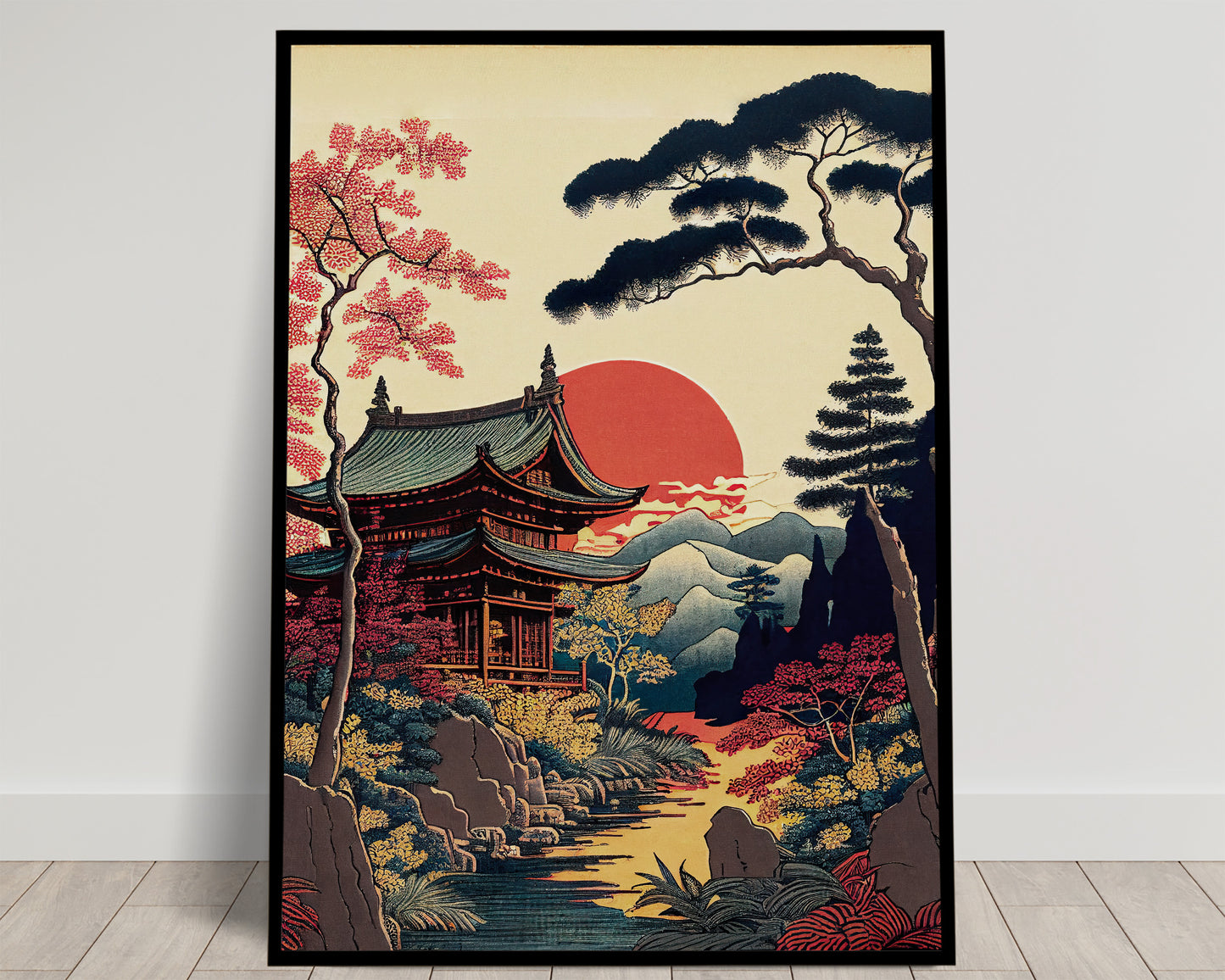 Japanese Temple Poster - Rural Landscape Wall Art, Japanese Style Illustration, Frameable Decor