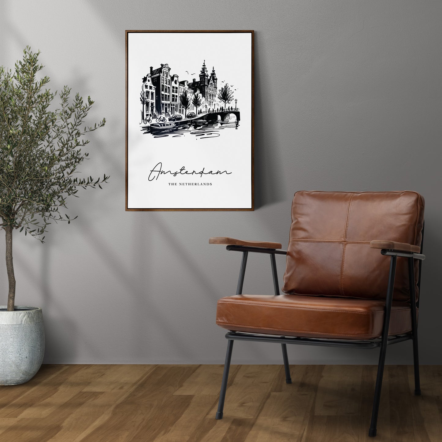 Poster des canaux d'Amsterdam - Art mural illustré pour salon, chambre et bureau, Idée cadeau chic et décoratif.