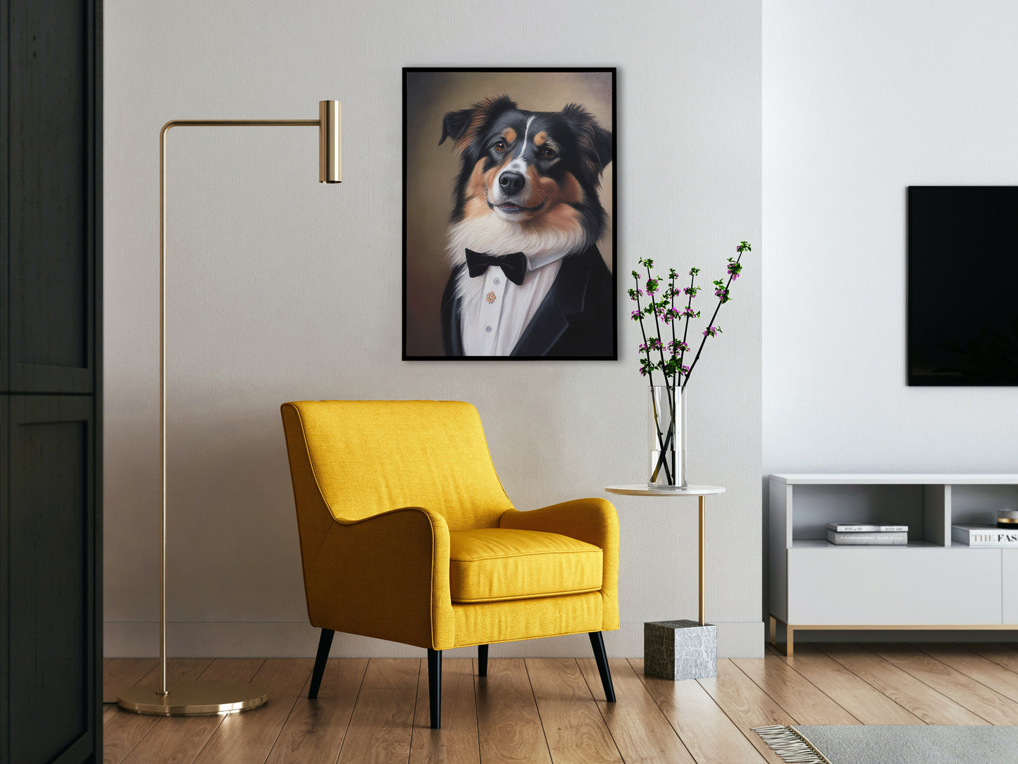 Chic Dog Poster - Australian Shepherd in Tuxedo | Humorous Wall Art | Portrait Print