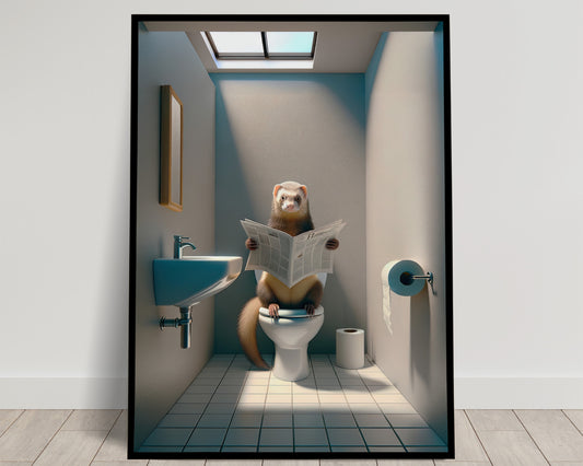 Funny Ferret Reading Newspaper Bathroom Poster - Unique Gag Gift Wall Art Decor for Toilet or WC