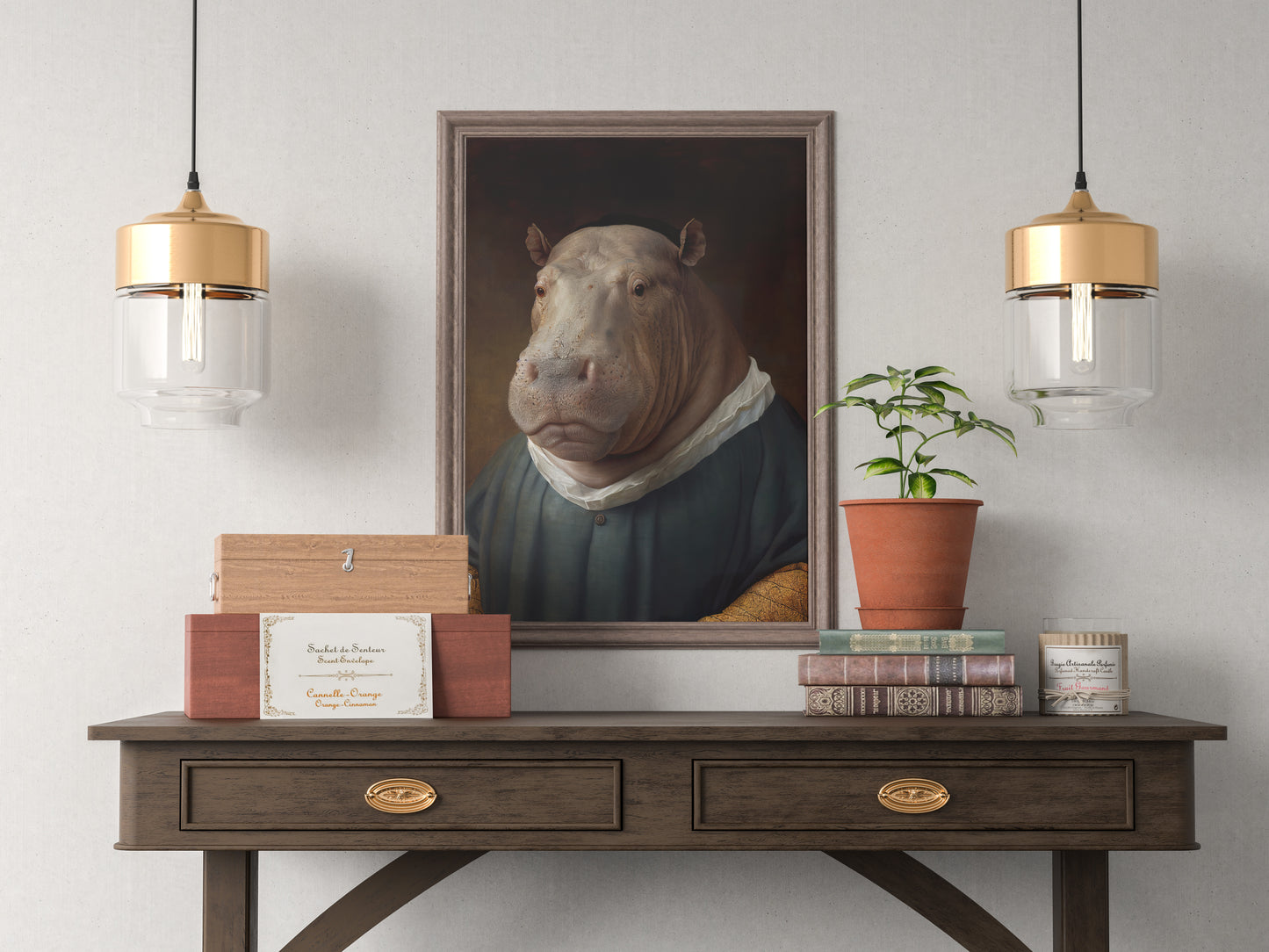 Poster Baroque Hippopotame Noble - Affiche déco murale animaux à encadrer, Art mural élégant