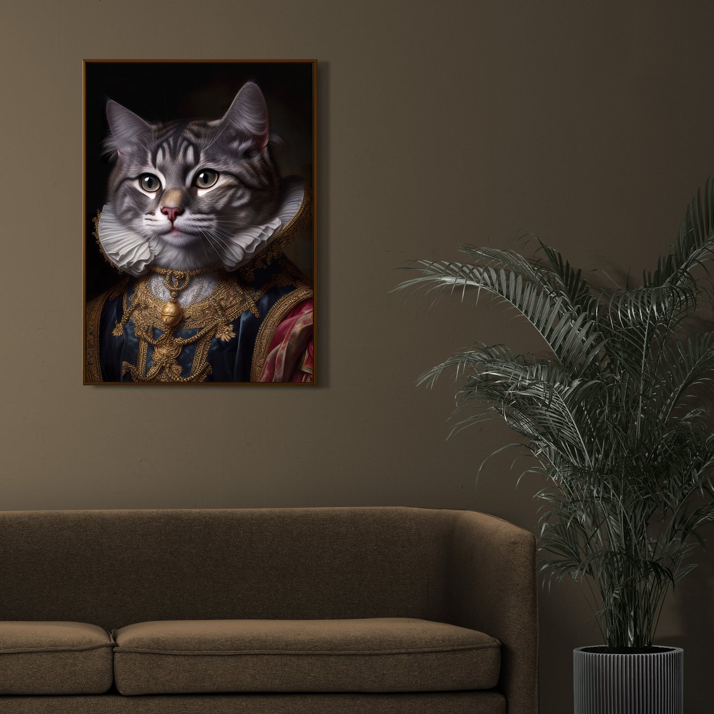 Poster à encadrer : Chat gris noble style baroque, Décoration murale féline, Affiche artistique d'animaux