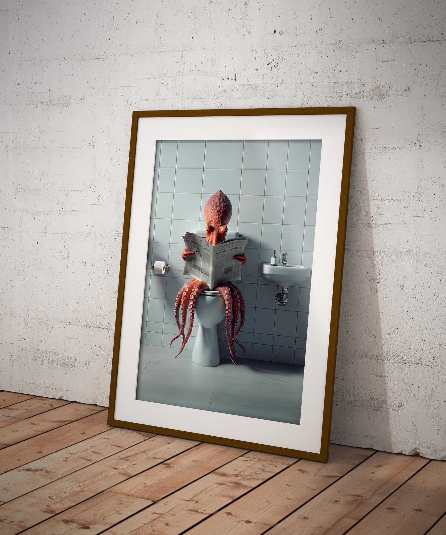 Funny Bathroom Wall Art – Octopus Reading Newspaper Toilet Poster | Unique WC Decoration & Humorous Gift