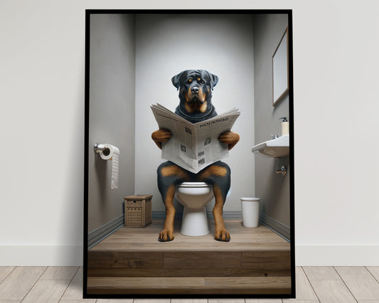 Poster d'un Rottweiler lisant le journal, Décoration Humour WC, Cadre Salle de bain, Poster Toilettes, Cadeau Drôle