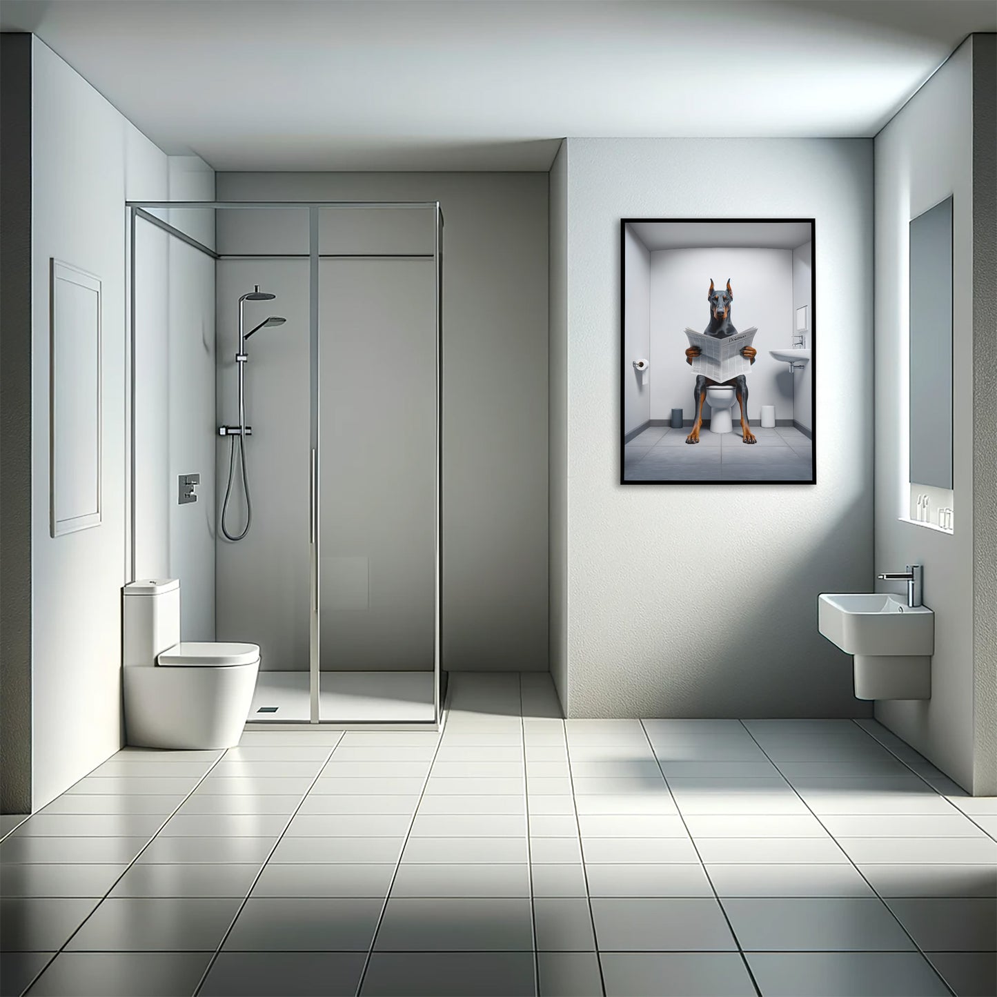 Funny Doberman Reading Newspaper Poster - Unique Bathroom Wall Art for WC - Hilarious Toilet Decor - Great Gift Idea