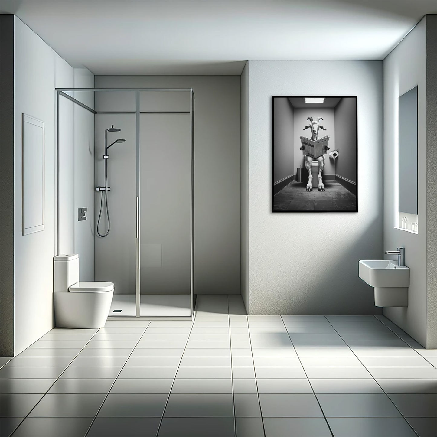 Poster Humoristique de Chèvre lisant Journal aux Toilettes - Décoration WC Salle de Bain - Cadeau Amusant