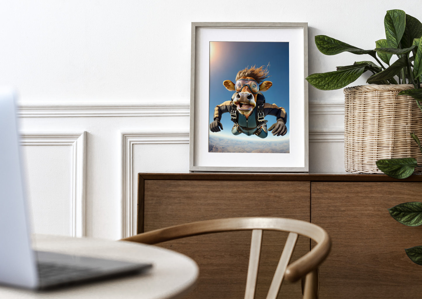 Epic Skydiving Cow Poster - Animal Print, Extreme Sport Wall Art, Unique Decor for Animal Lovers