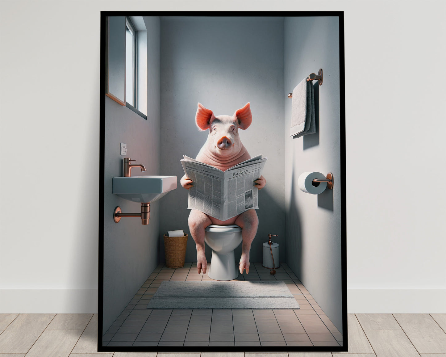 Poster Cochon Lisant Journal sur Toilettes - Décoration Humour WC - Cadre Salle de Bain - Cadeau Fun Amusant