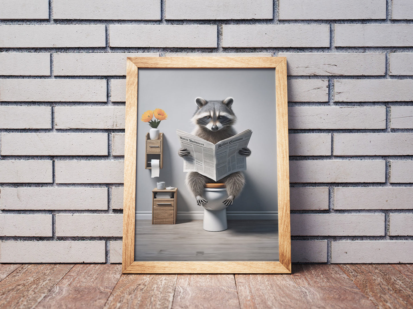 Raccoon Reading Newspaper Poster - Funny Bathroom Wall Art Decor - Unique WC Toilet Poster Gift