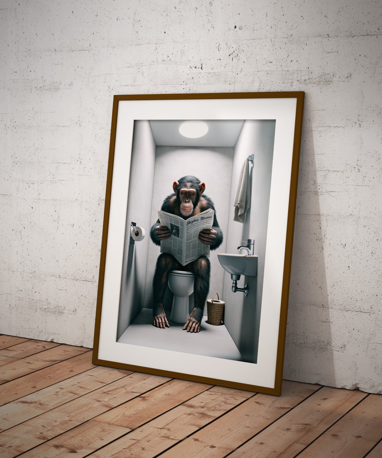 Chimpanzee Reading Newspaper Poster - Funny Bathroom Decor, WC Wall Art, Unique Gag Gift