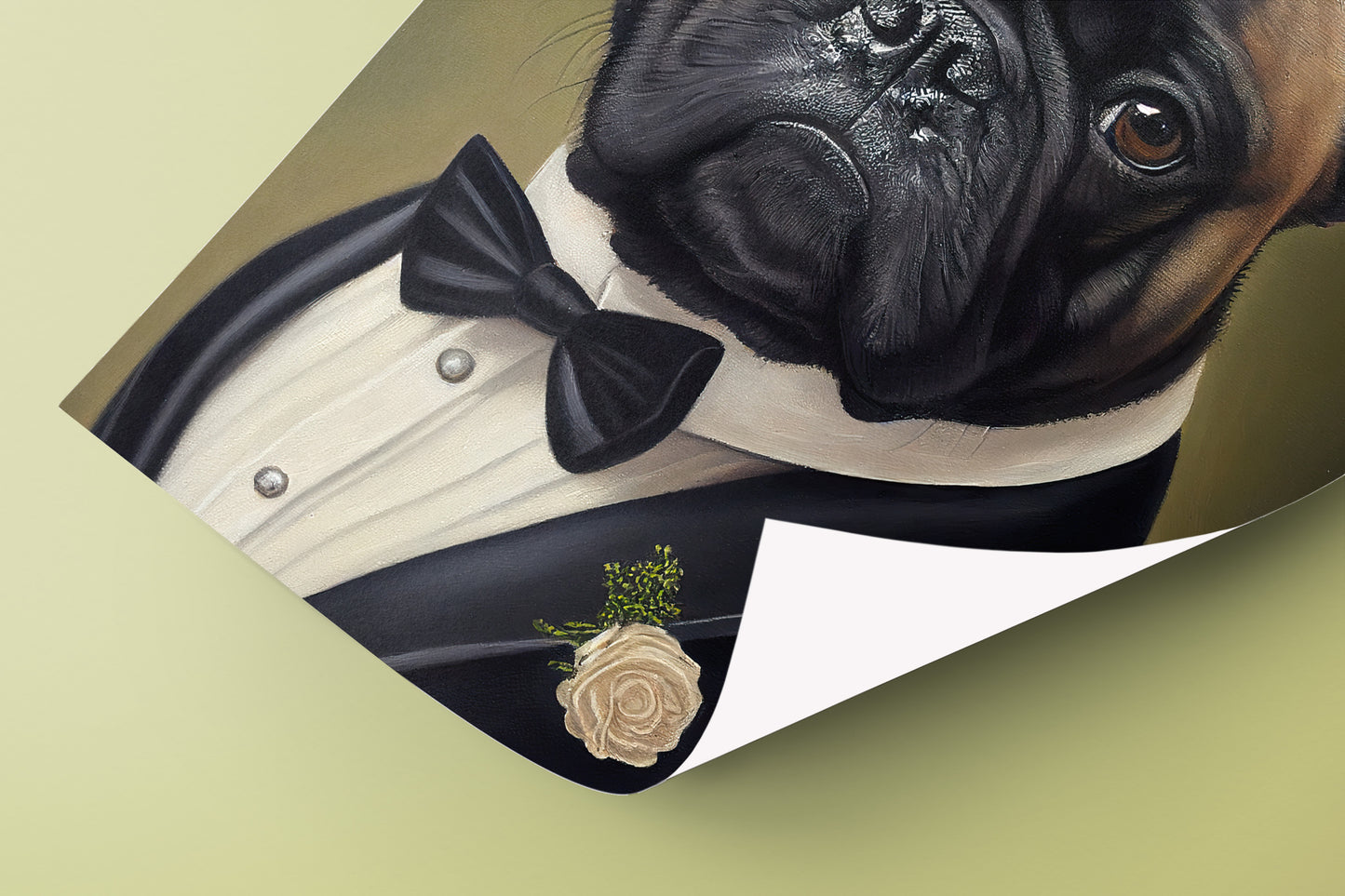 Poster chien chic - Portrait Bulldog français en smoking et tuxedo, Impression murale humoristique, Tableau déco murale