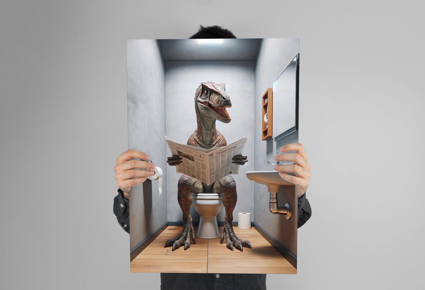 Velociraptor Reading Newspaper Toilet Poster – Funny Bathroom Wall Art Décor, Unique Gag Gift