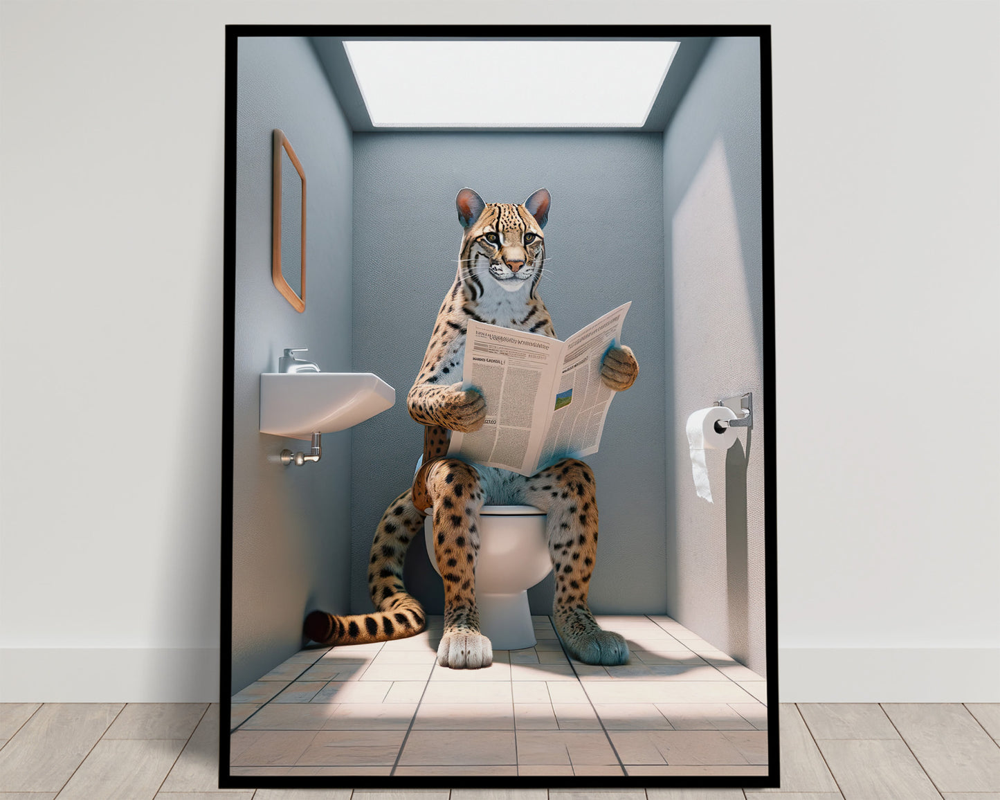 Poster Humour Ocelot sur Toilettes, Décoration WC Unique, Cadre Salle de Bain, Idée Cadeau Amusante, Art Mural Original