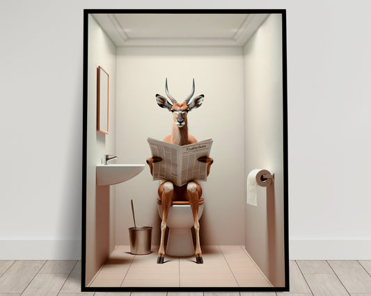 Funny Antelope Reading Newspaper Poster - Unique Bathroom Wall Art & Décor, Gag Gift for Toilet WC