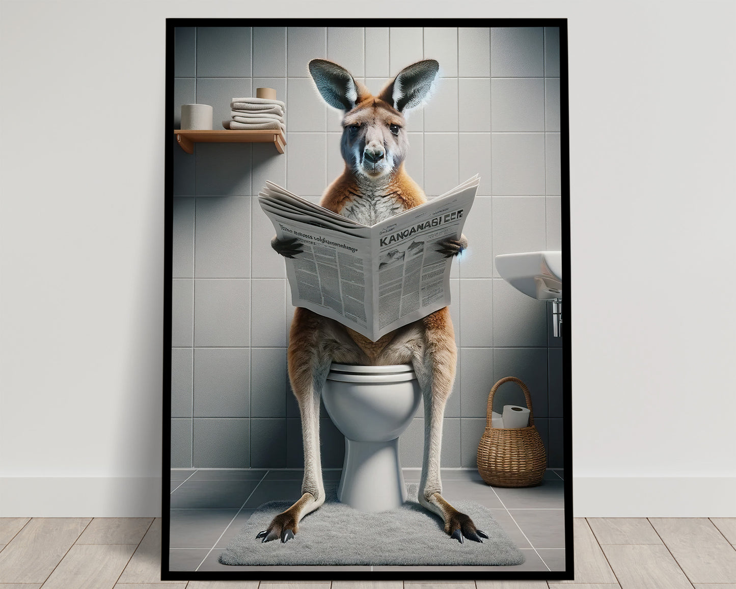 Funny Kangaroo Reading Newspaper Toilet Poster - Unique Bathroom Wall Art Decor - Hilarious WC Gift