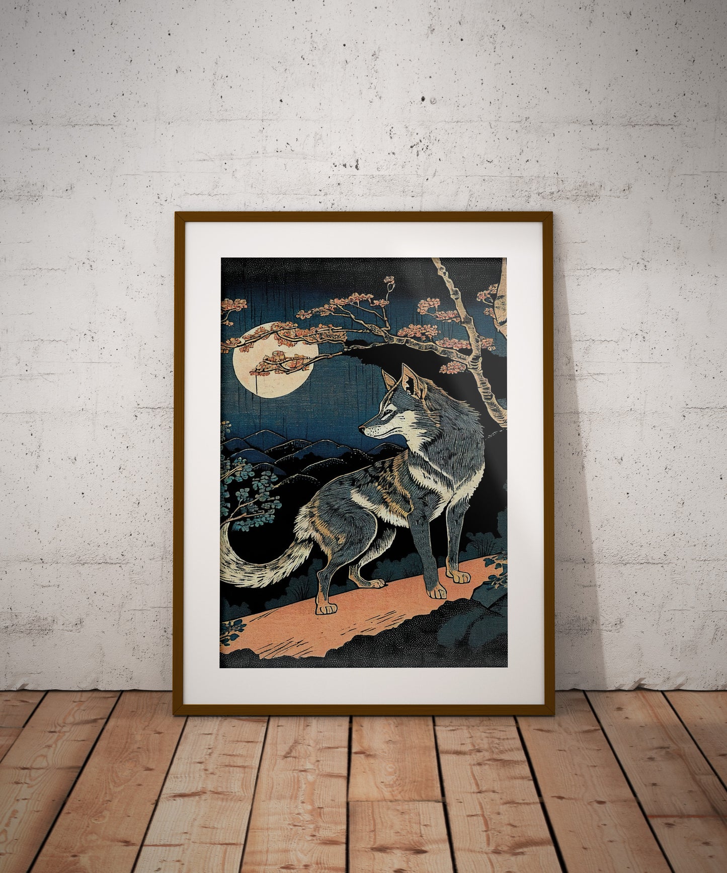 Affiche Poster Loup et Lune, Art Japonais, Décoration Murale, Affiche Niponne à Encadrer, Poster Animal