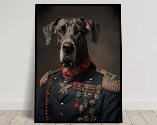 Poster de Grand Danois en Uniforme Militaire - Décoration Murale Animaux, Affiche Chien Dogue Allemand