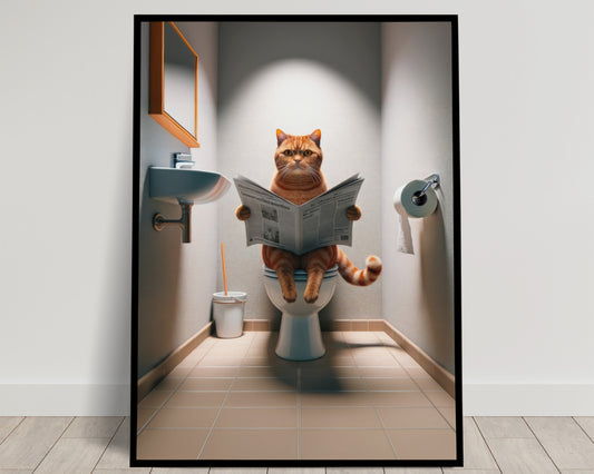 Affiche Murale Chat Roux British Shorthair sur Toilettes - Déco Humour WC & Salle de Bain, Idée Cadeau Fun