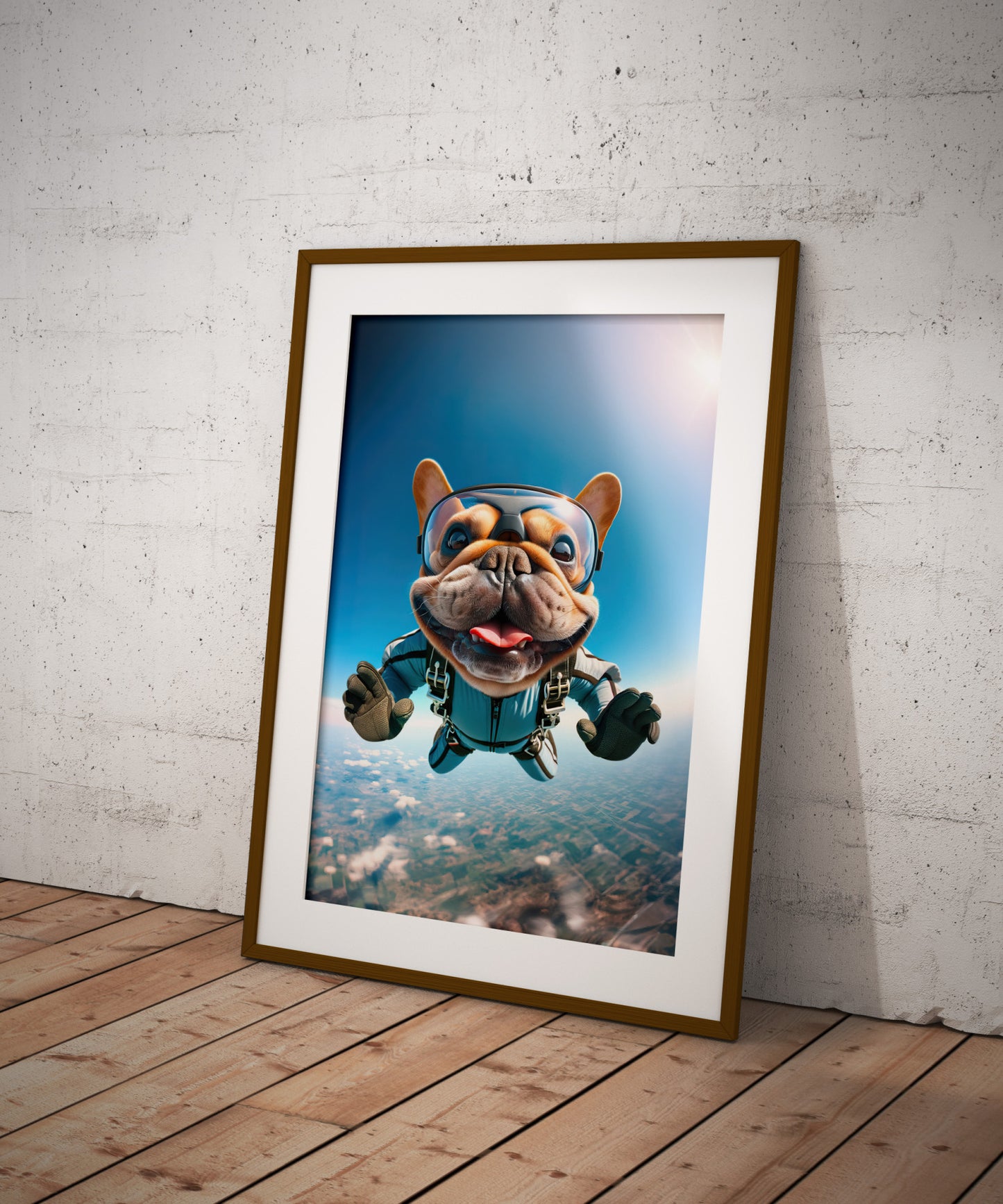 Affiche Murale de Bouledogue Français en Parachute - Poster Chien Skydiving, Décor Sport Extrême, Idée Cadeau