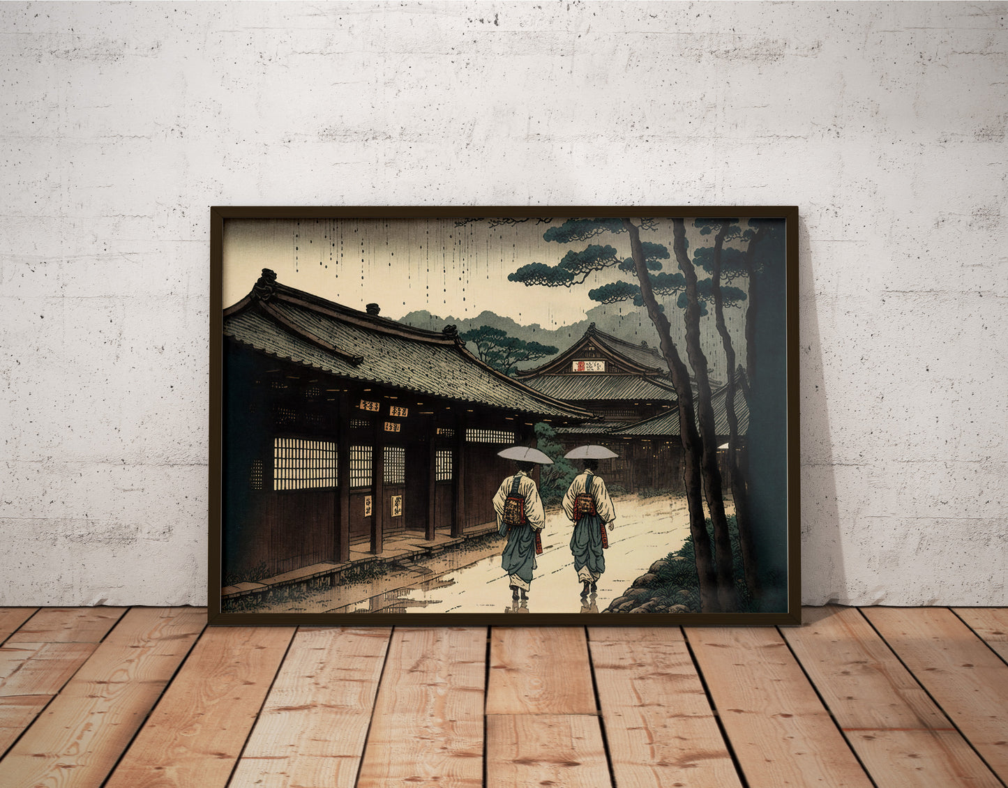 Poster de Village Japonais sous la Pluie - Illustration Art Nippon - Décoration Murale Orageuse - Affiche à Encadrer