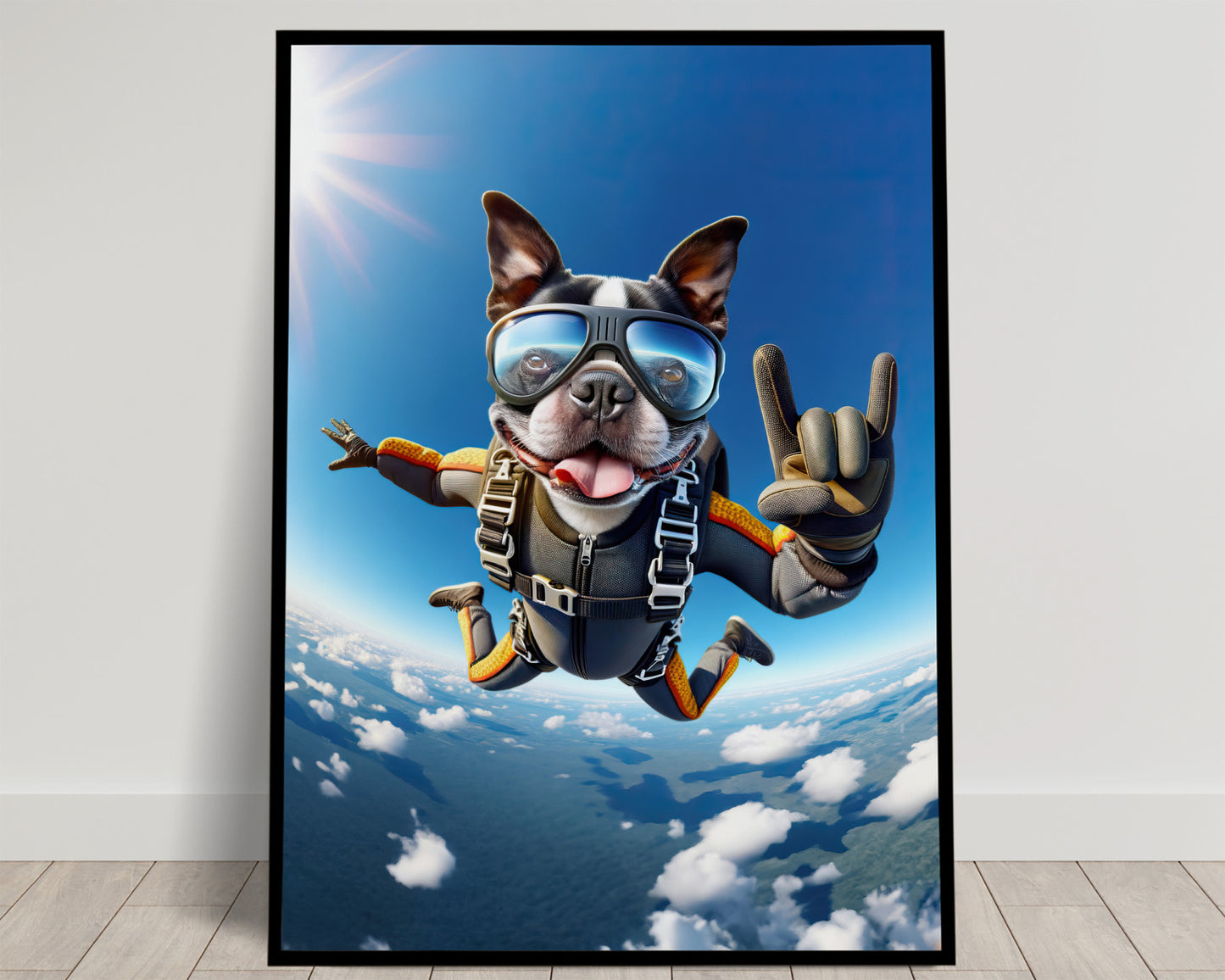 "Epic Skydiving Boston Terrier Poster - Unique Animal Print Wall Art for Dog Lovers - Extreme Sport Decor"