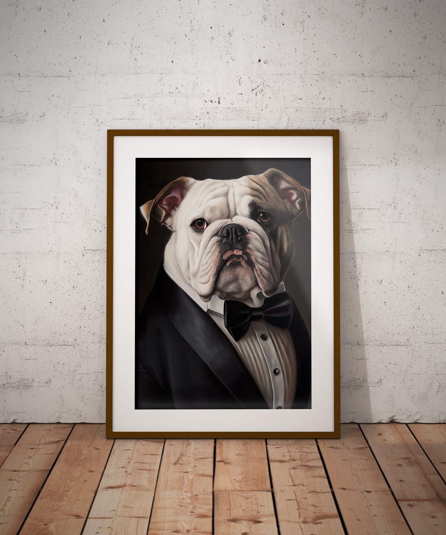 Poster Bulldog Anglais en Smoking | Art Mural Humour | Impression Bouledogue Tuxedo | Décoration Murale Chien Chic