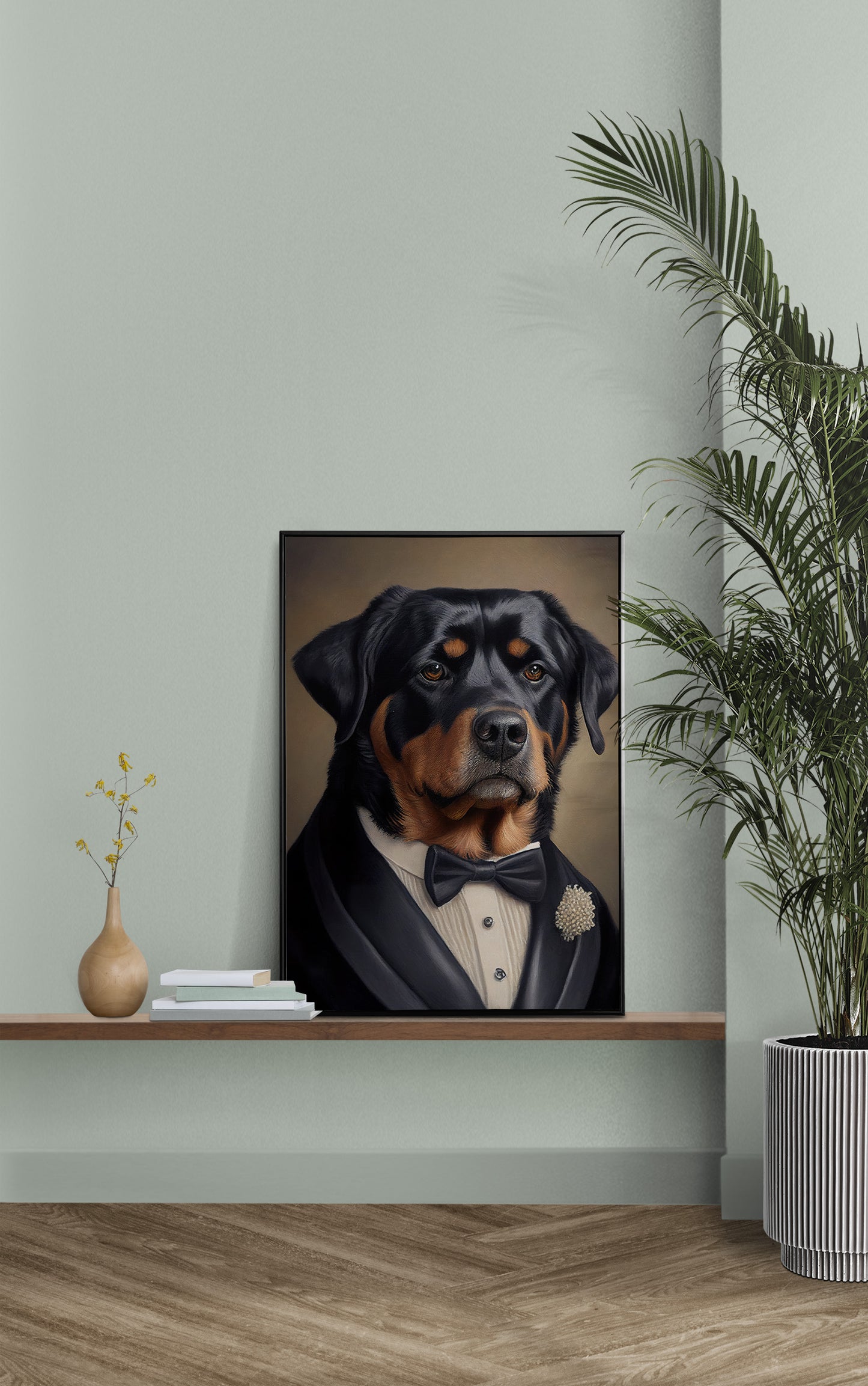 Rottweiler in Tuxedo Poster - Chic Wall Art Print, Humorous Dog Painting for Home Decor