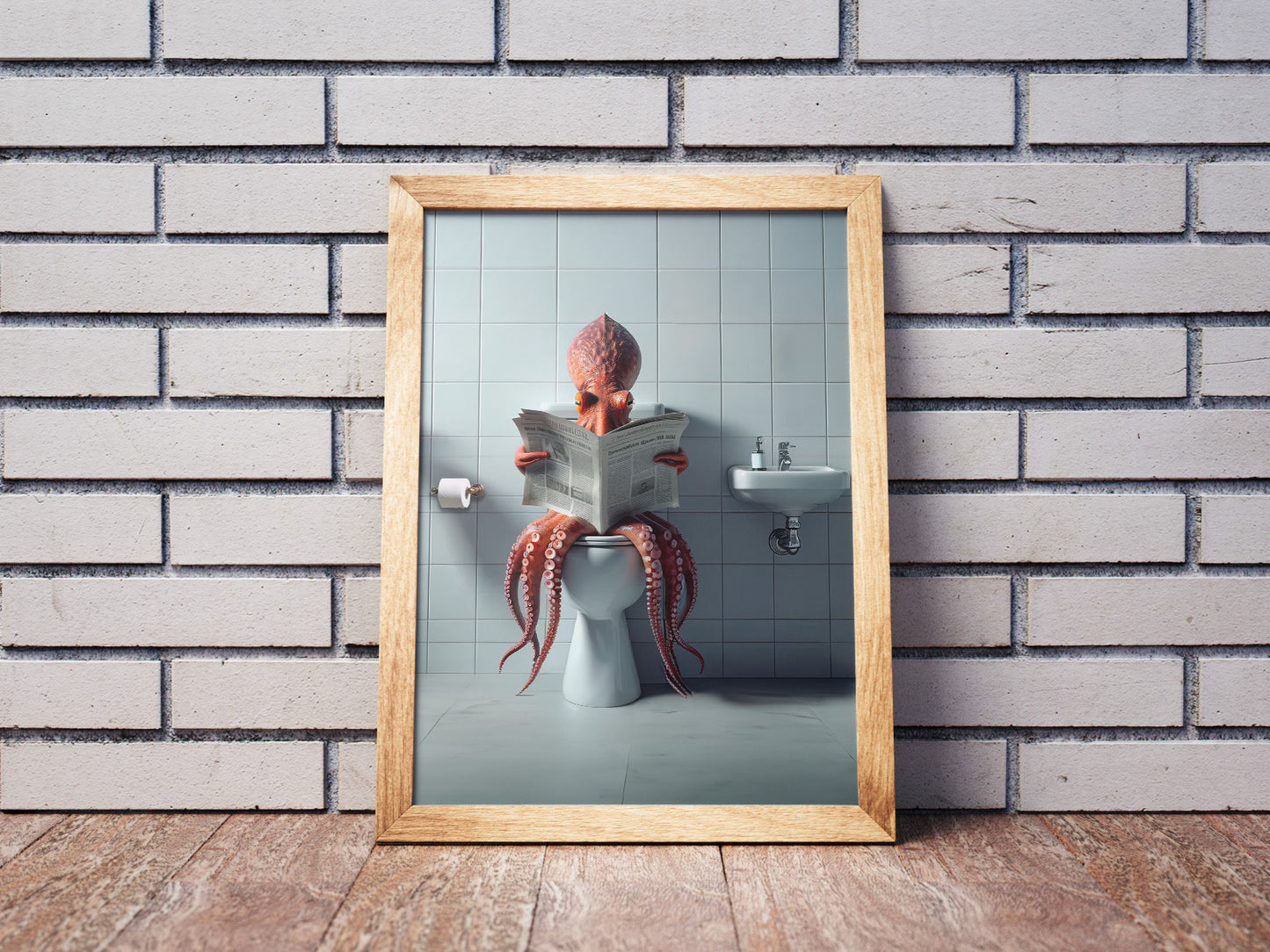 Funny Bathroom Wall Art – Octopus Reading Newspaper Toilet Poster | Unique WC Decoration & Humorous Gift