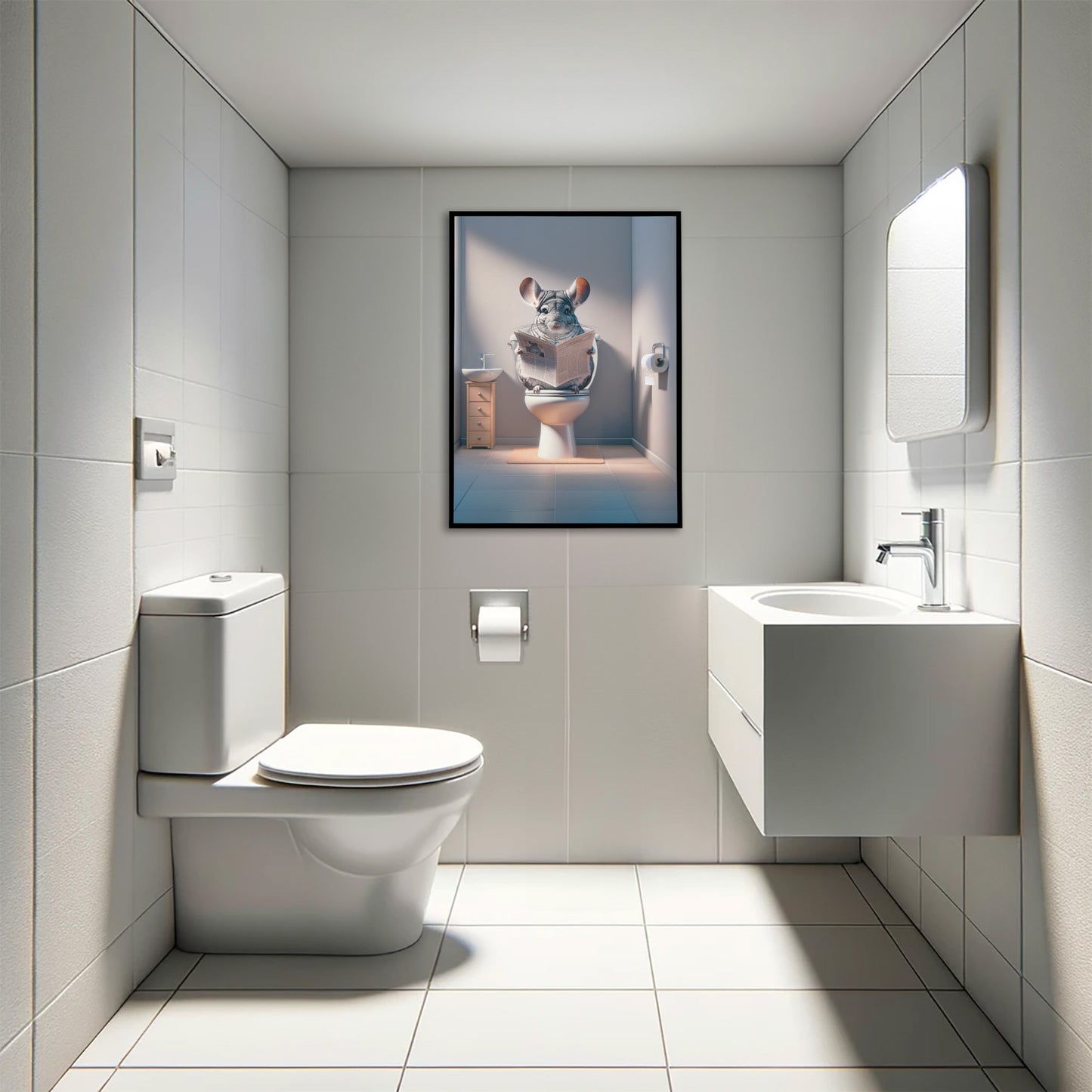 Poster Chinchilla lisant le journal aux toilettes, Décoration Humour WC, Salle de bain, Cadeau Fun, Art mural Toilettes