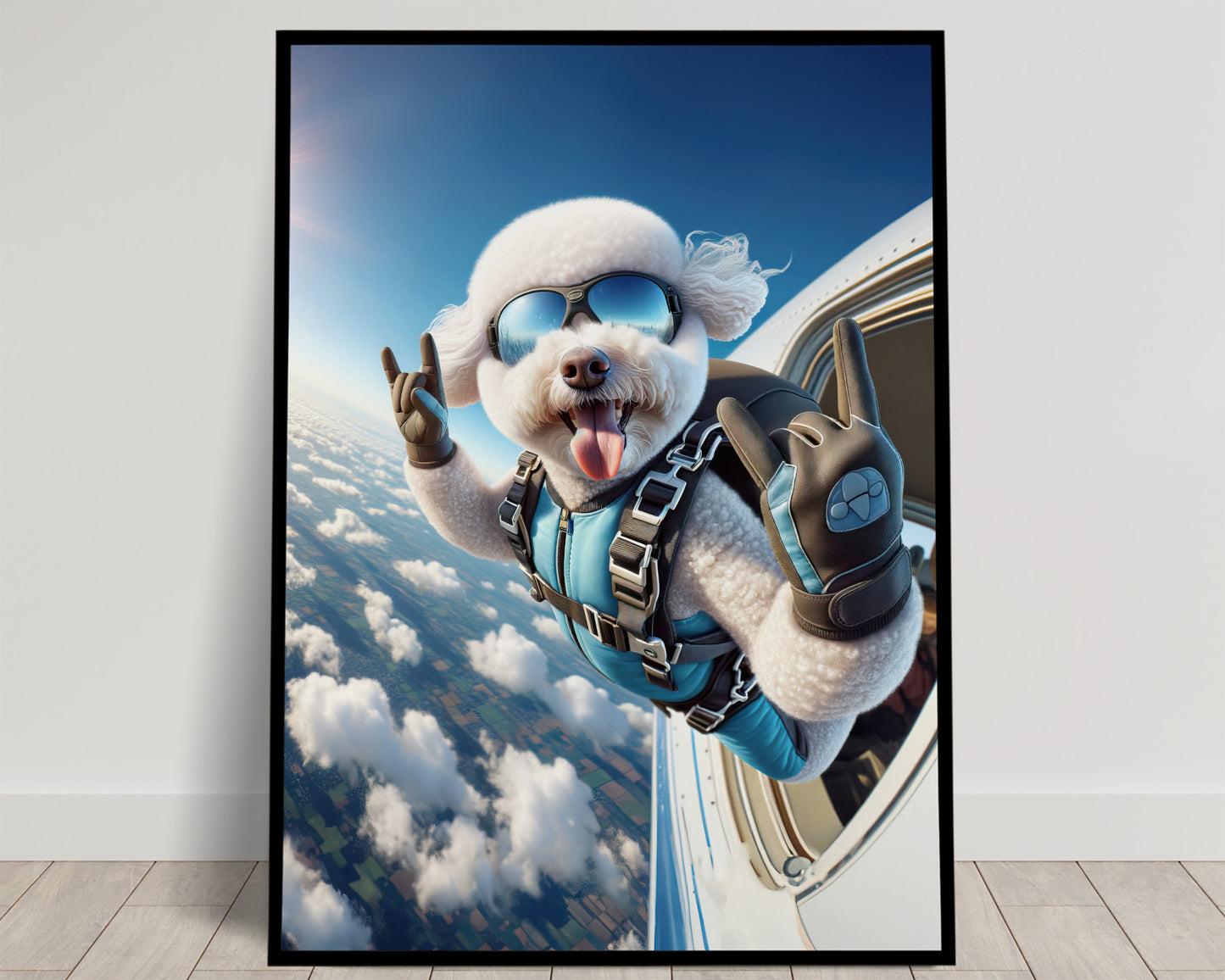 Affiche murale Bichon Frisé en chute libre, Poster Chien Skydiving, Décor Sport Extrême, Idée cadeau unique, Art mural parachute